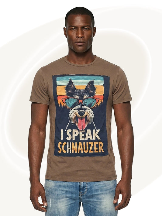 Man wearing a brown t-shirt with a Schnauzer graphic and text on a white background