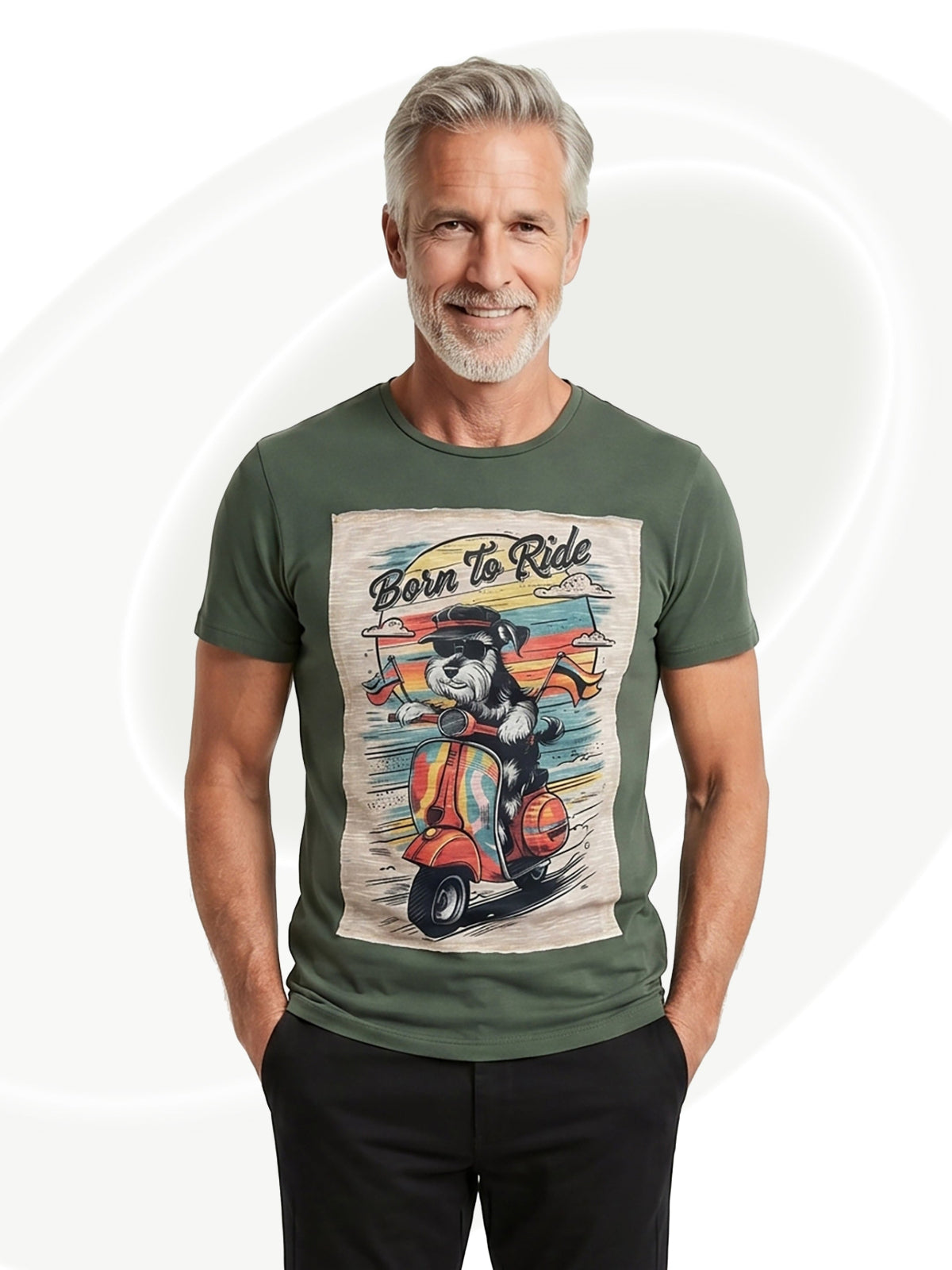 Man wearing a green t-shirt with a graphic design on a white background