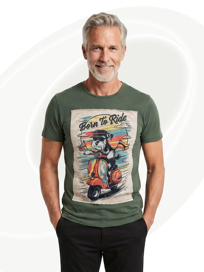 Man wearing a green t-shirt with a graphic design on a white background