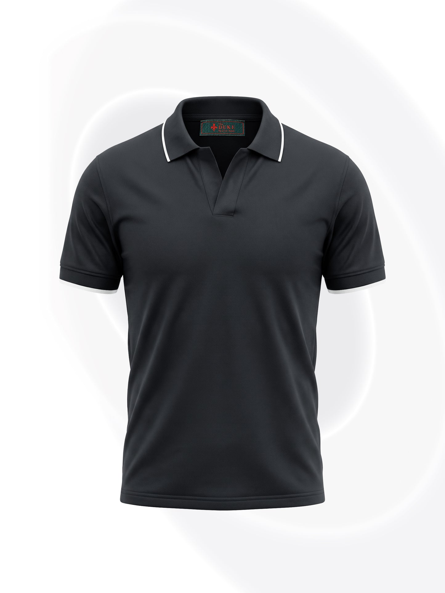 A dark charcoal gray short-sleeve polo shirt with white piping on the collar, displayed on a clean white background with a subtle circular graphic.