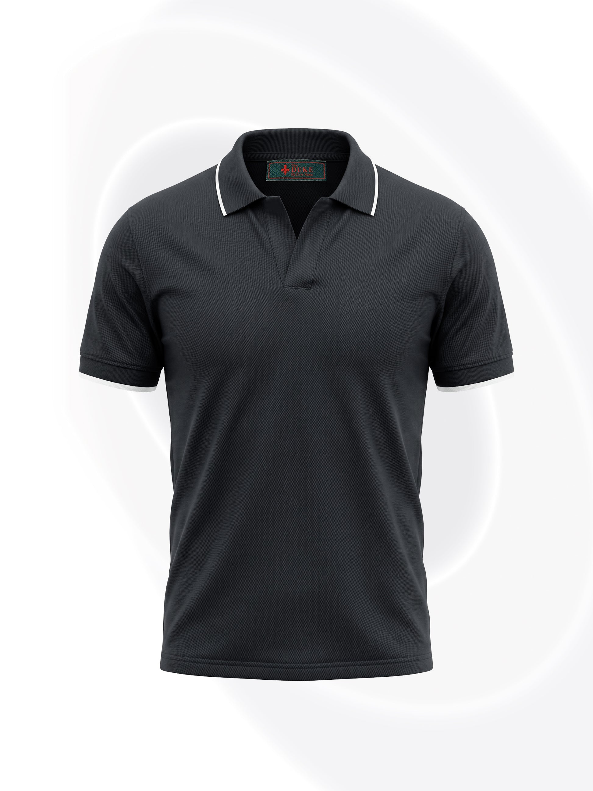 A dark charcoal gray short-sleeve polo shirt with white piping on the collar, displayed on a clean white background with a subtle circular graphic.