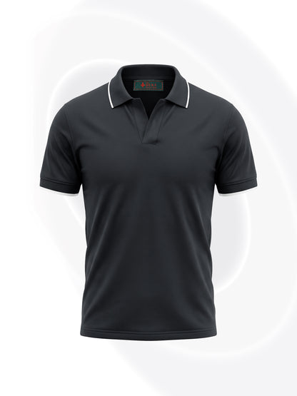 A dark charcoal gray short-sleeve polo shirt with white piping on the collar, displayed on a clean white background with a subtle circular graphic.