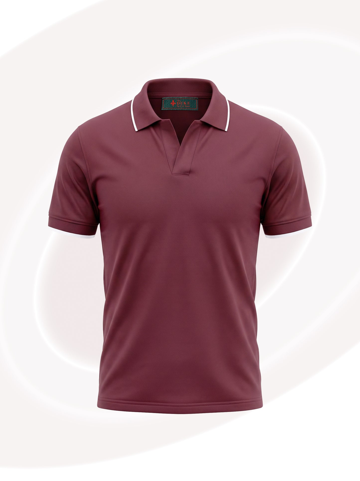 A short-sleeve polo shirt in a deep burgundy color, featuring a white contrast stripe detail along the collar, displayed on a light off-white background with subtle circular graphic elements.