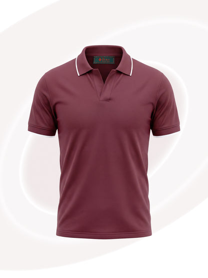 A short-sleeve polo shirt in a deep burgundy color, featuring a white contrast stripe detail along the collar, displayed on a light off-white background with subtle circular graphic elements.