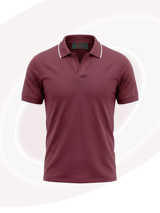 A short-sleeve polo shirt in a deep burgundy color, featuring a white contrast stripe detail along the collar, displayed on a light off-white background with subtle circular graphic elements.