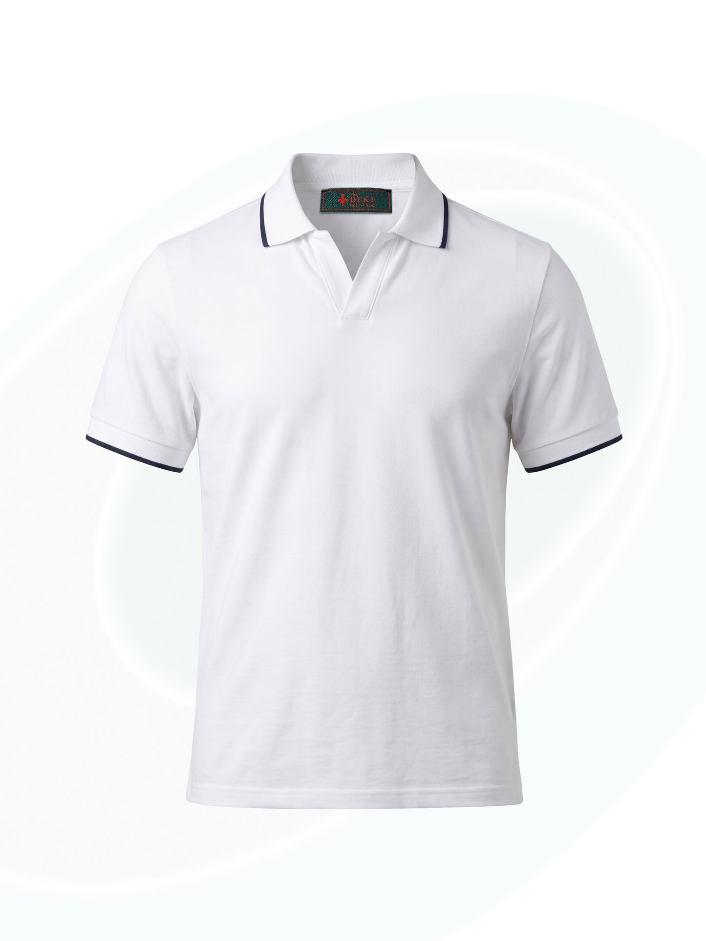 A white short-sleeve polo shirt with black piping trim on the collar and sleeve cuffs, shown against a light gray background with subtle circular patterns.