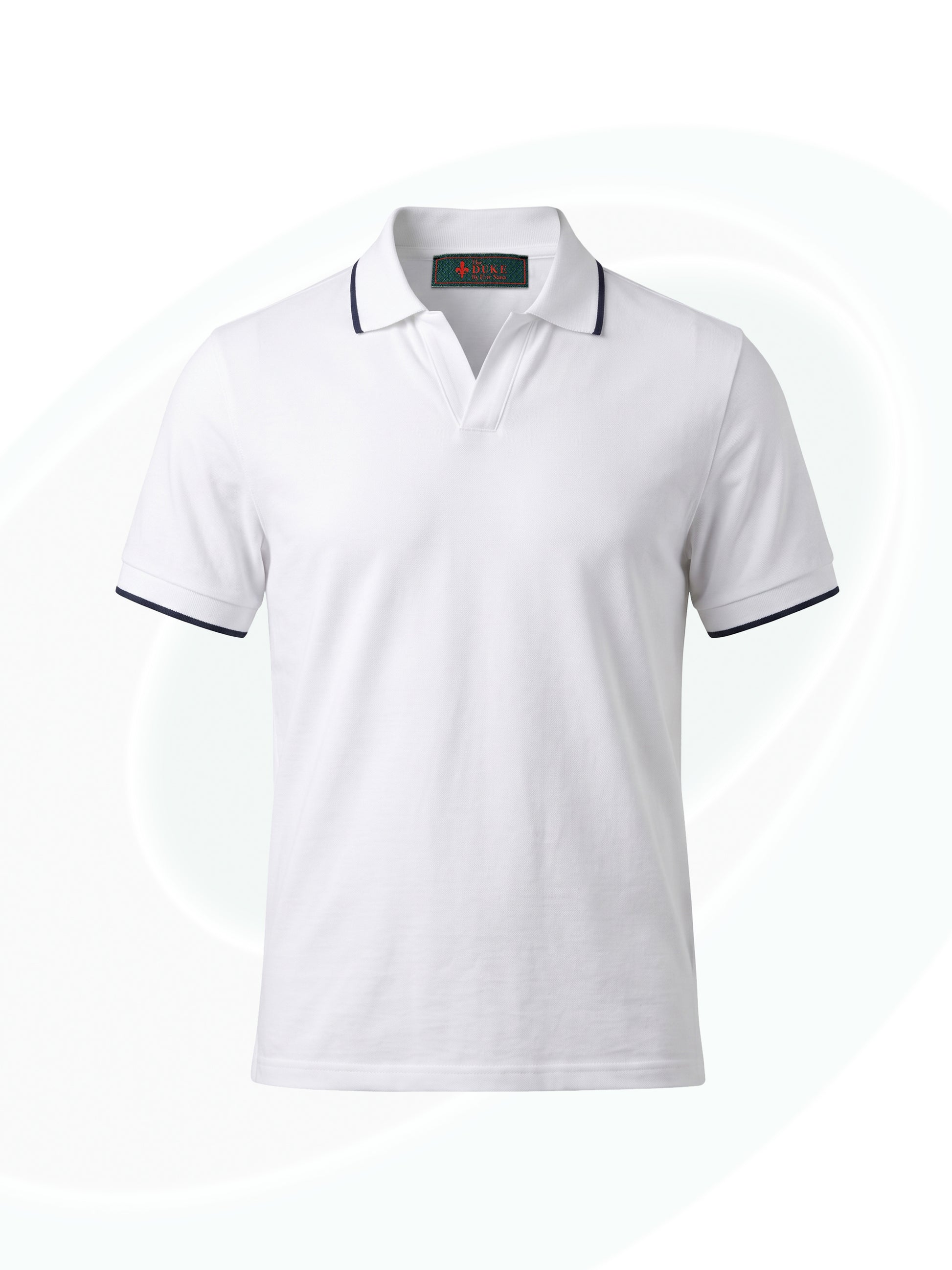 A white short-sleeve polo shirt with black piping trim on the collar and sleeve cuffs, shown against a light gray background with subtle circular patterns.