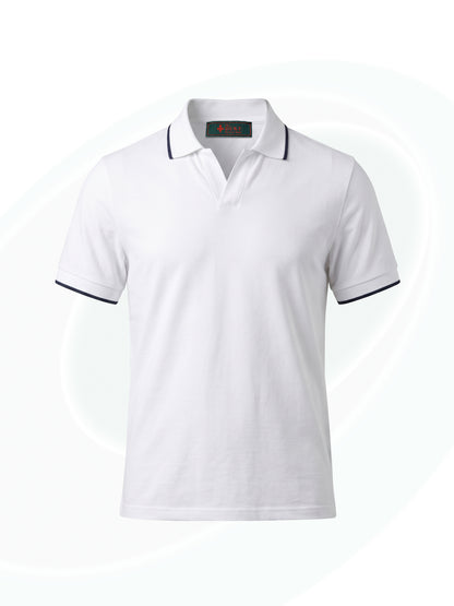 A white short-sleeve polo shirt with black piping trim on the collar and sleeve cuffs, shown against a light gray background with subtle circular patterns.