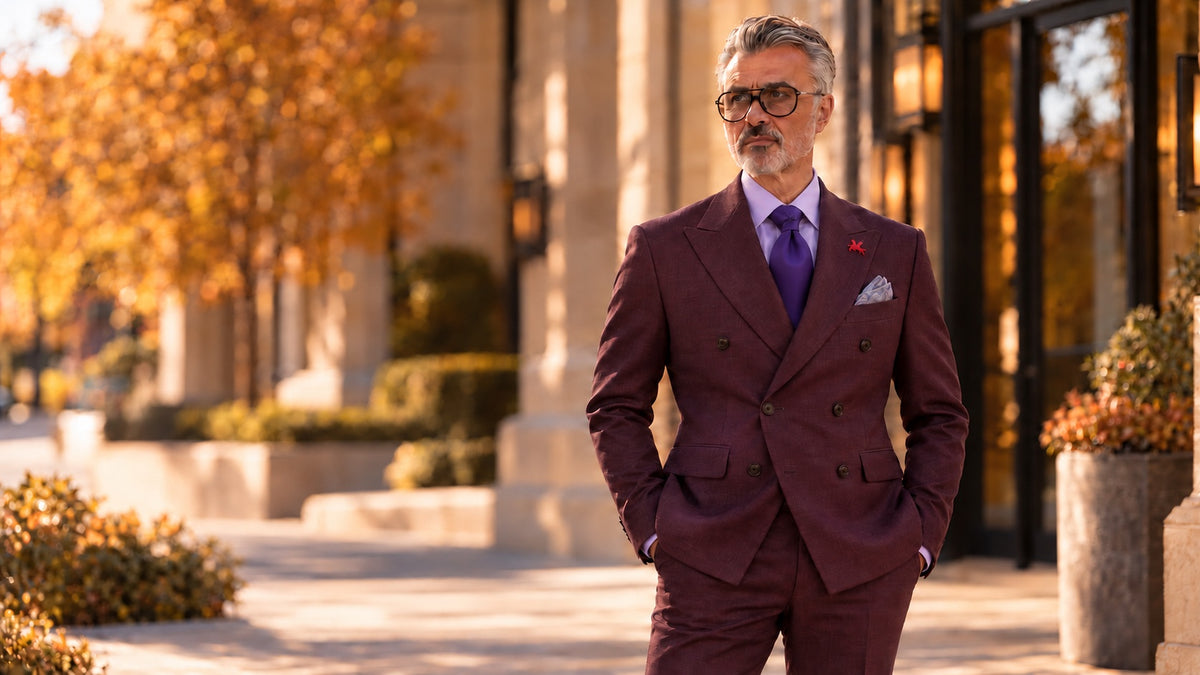 Eric Sana wearing the Liborio double-breasted suit, Essential Violet Shirt and purple silk tie