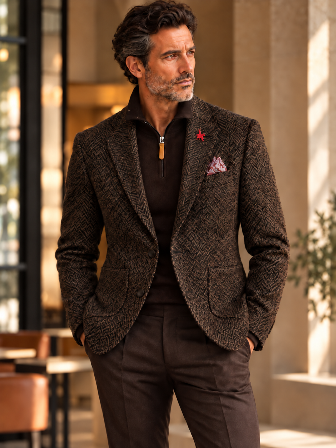 Eric Sana Giacca Rieti with red Pegasus pin through the left lapel buttonhole