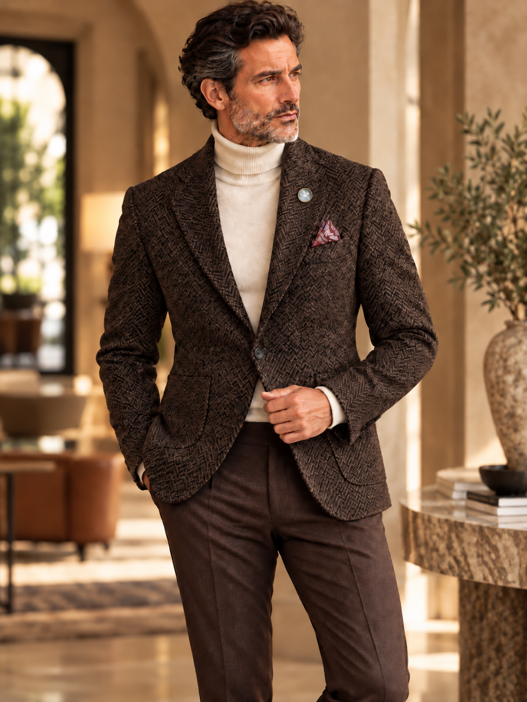 Eric Sana Giacca Rieti with mother-of-pearl and gold Pegasus pin through the left lapel buttonhole