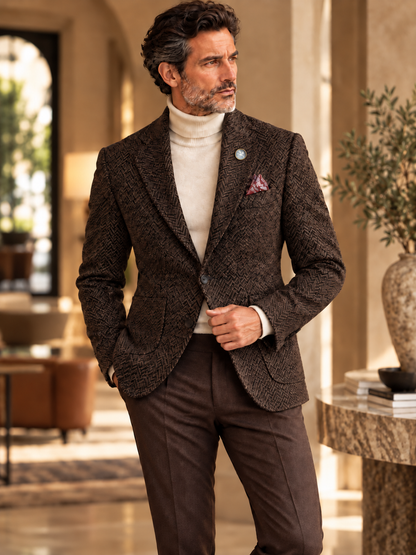 Eric Sana Giacca Rieti with mother-of-pearl and gold Pegasus pin through the left lapel buttonhole