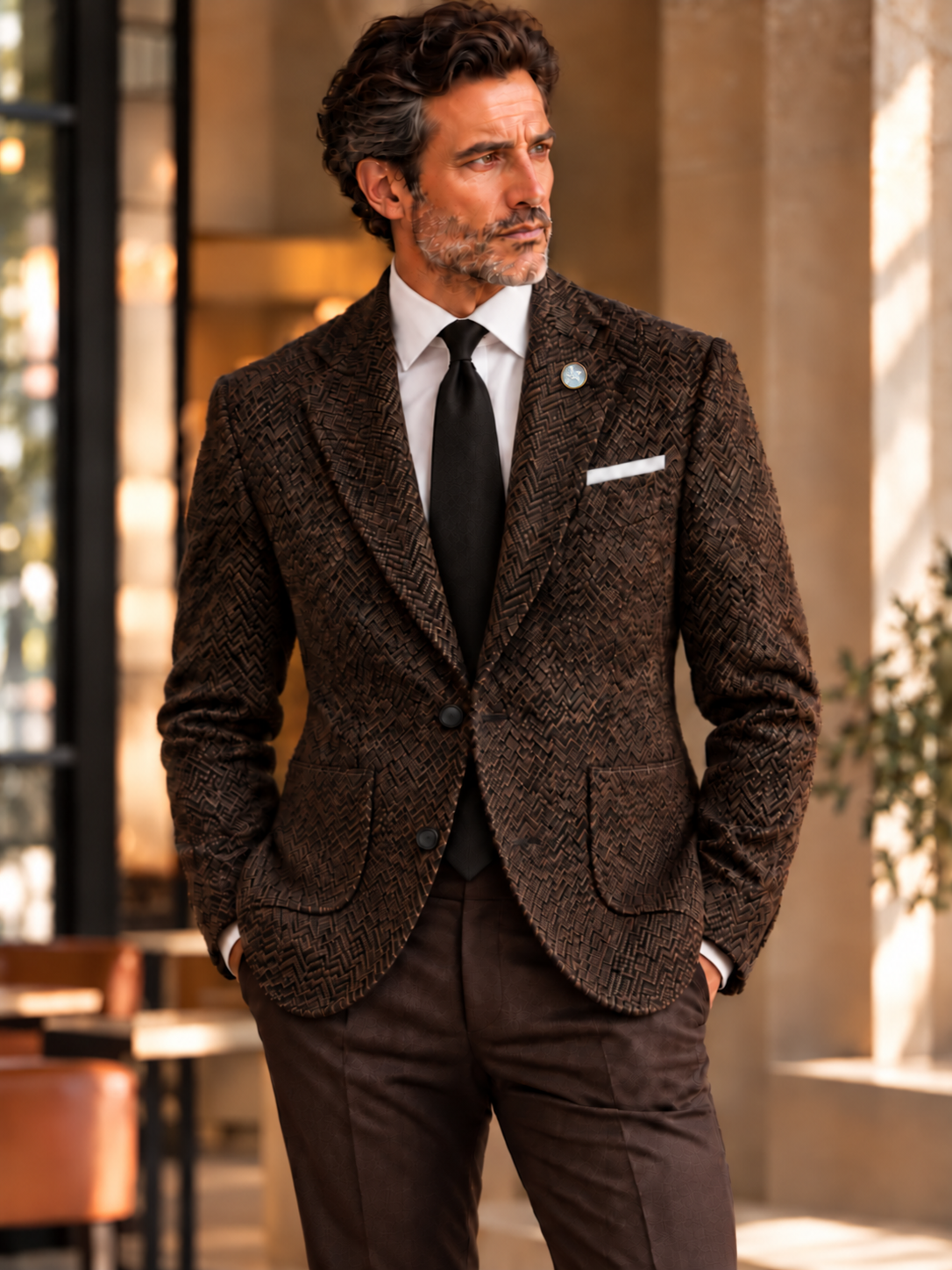 Eric Sana Giacca Rieti business styling with mother-of-pearl and gold Pegasus pin through the left lapel buttonhole