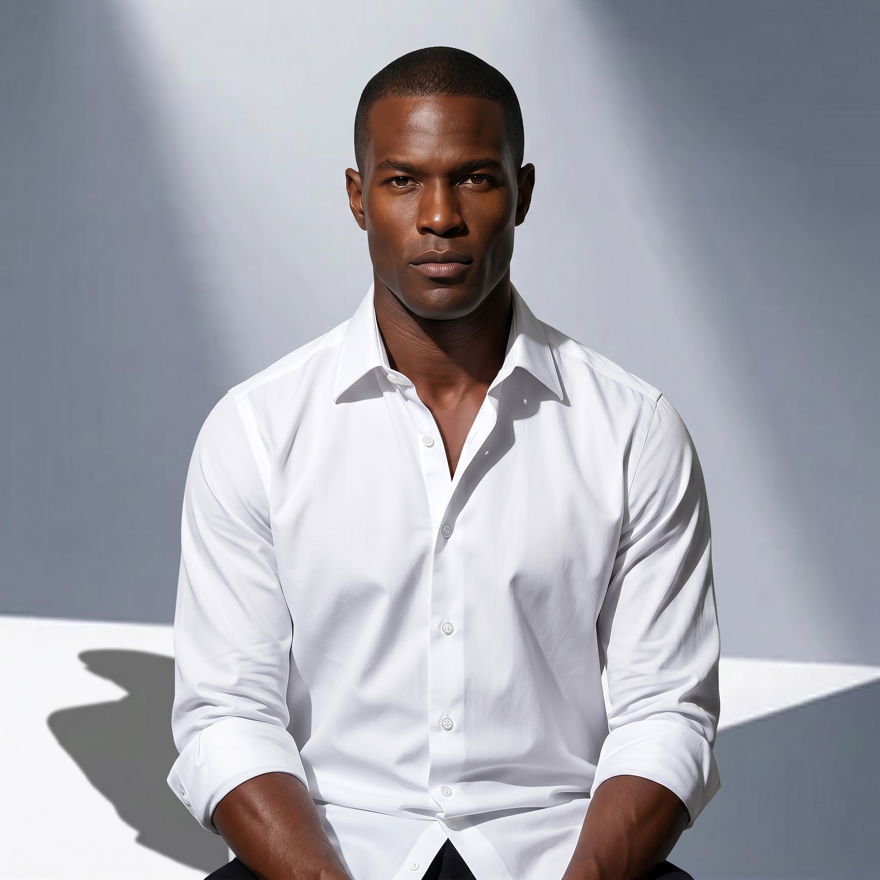 Man wearing a white shirt against a gray background
