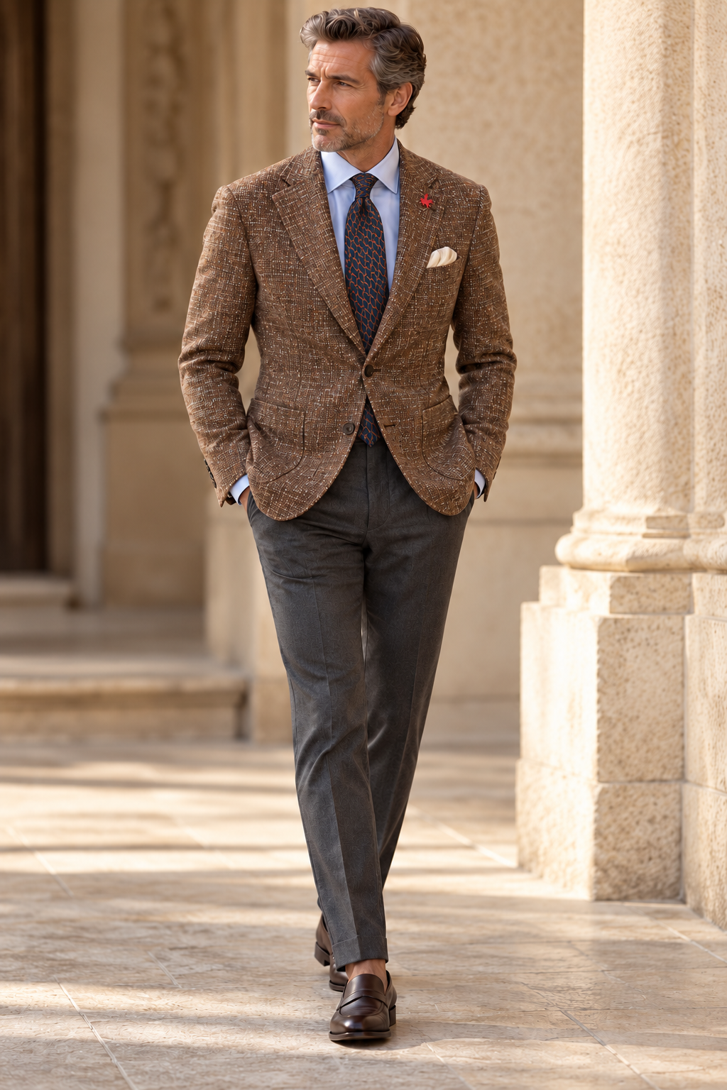 Eric Sana Giacca Feligno with red Pegasus pin and Eric Sana Marzullo navy-and-brown silk tie