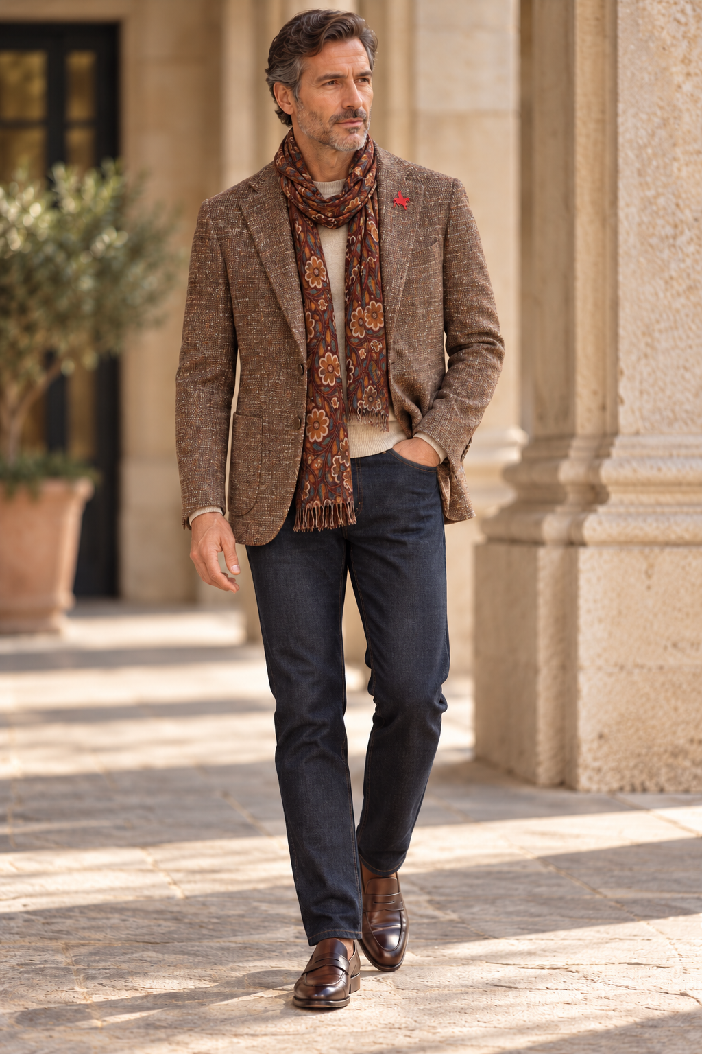 Eric Sana Giacca Feligno with red Pegasus pin and Eric Sana Phoenix cashmere scarf