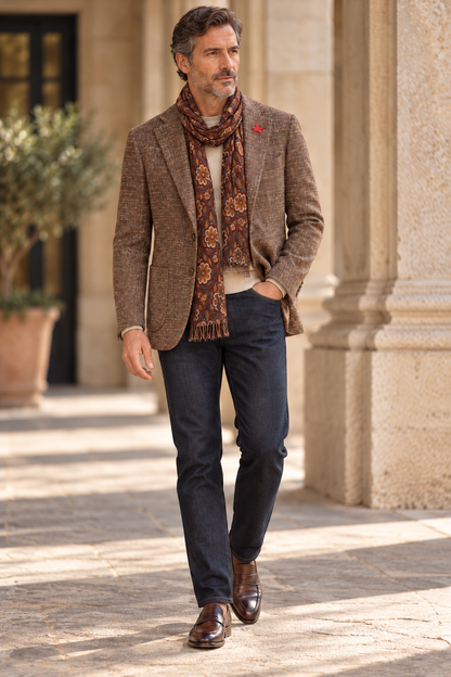 Eric Sana Giacca Feligno with red Pegasus pin and Eric Sana Phoenix cashmere scarf
