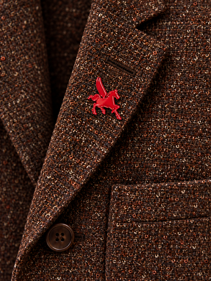 Giacca Feligno Tweed Mix-Brown fabric detail with authentic red Eric Sana Pegasus lapel pin