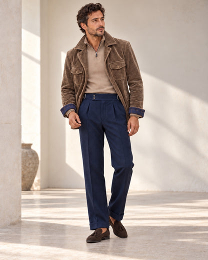 Viani Velvet Cotton Stretch Shacket styled with royal blue full-leg wool pants and Eric Sana shoes
