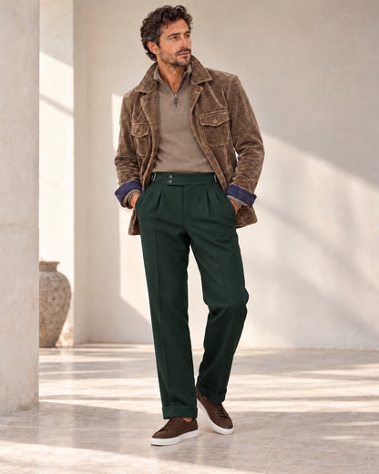 Viani Velvet Cotton Stretch Shacket styled with forest green full-leg wool pants and Eric Sana shoes