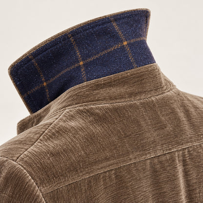 Rear collar close-up showing the Viani shacket blue plaid contrast fabric