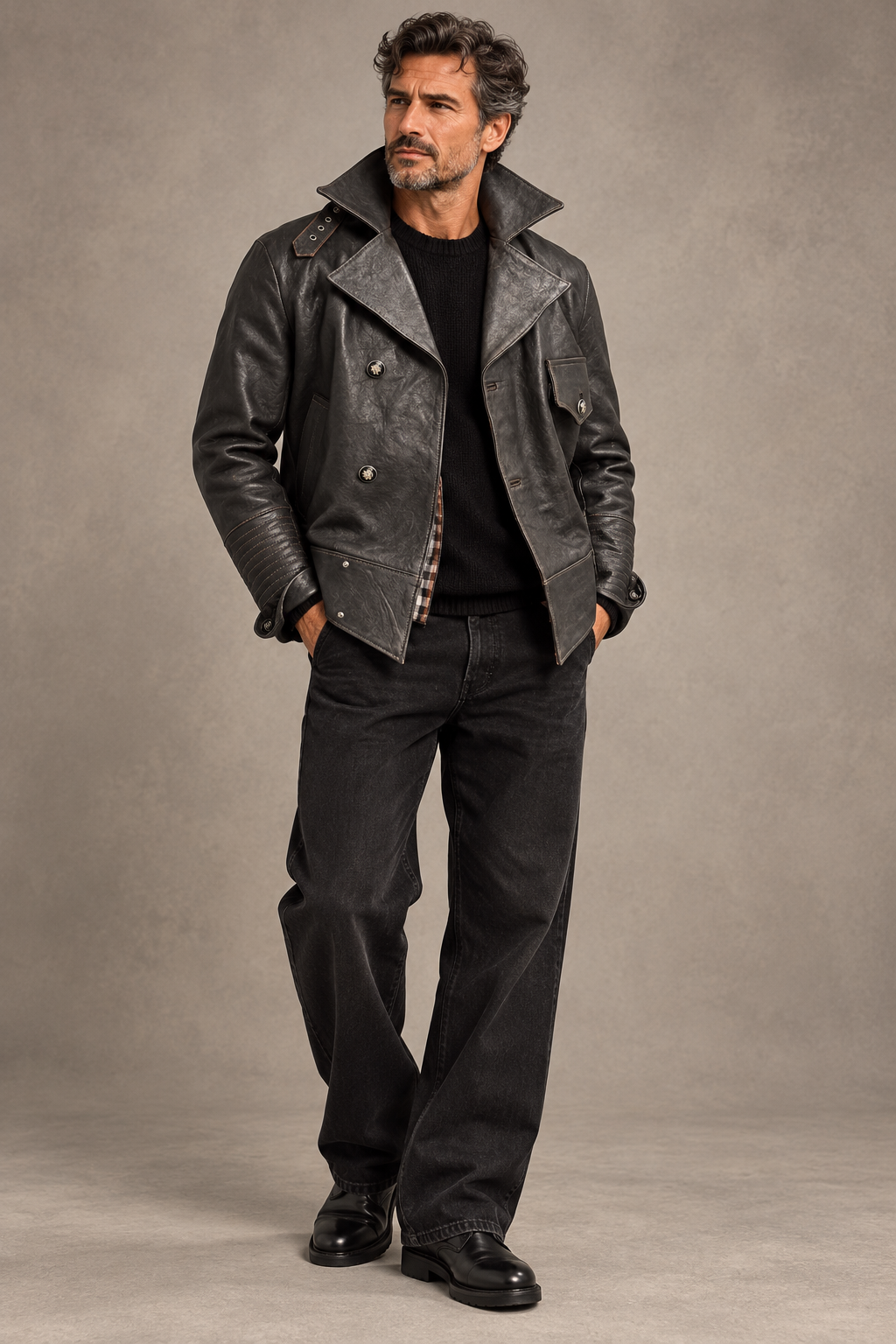 Eric Sana Vintage Leather Jacket styled with black chenille knit and black jeans