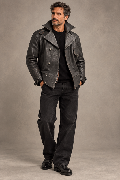 Eric Sana Vintage Leather Jacket styled with black chenille knit and black jeans