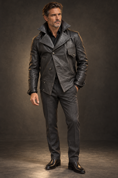 Eric Sana Vintage Leather Jacket buttoned to show its signature diagonal closure