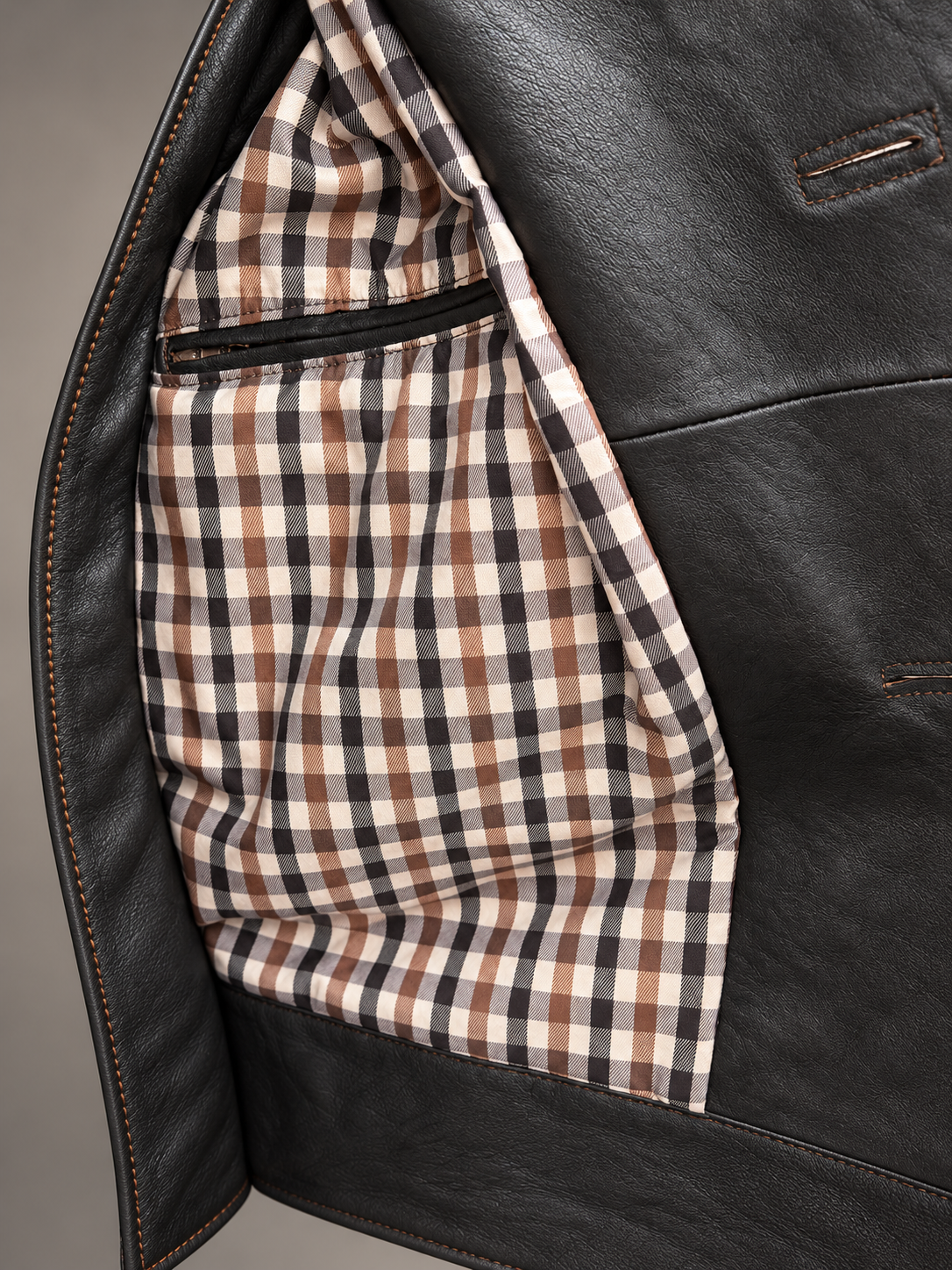 Eric Sana Vintage Leather Jacket checked lining and interior welt pocket detail