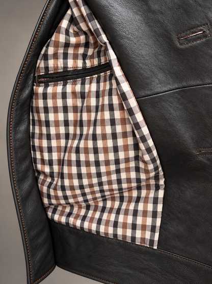 Eric Sana Vintage Leather Jacket checked lining and interior welt pocket detail