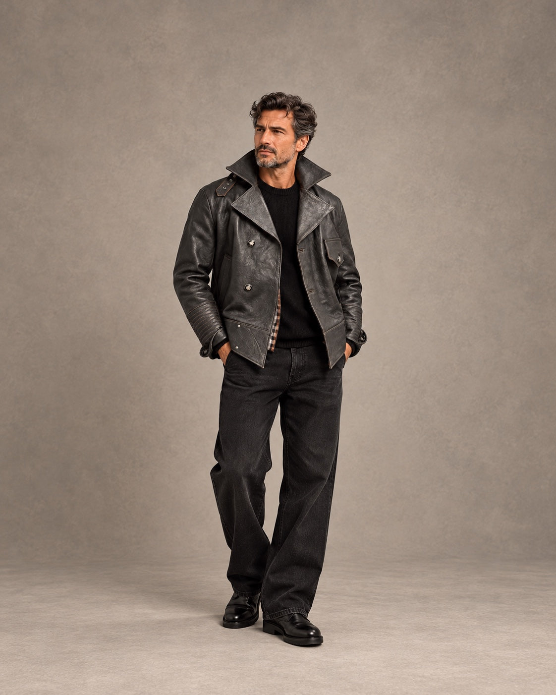 Eric Sana Vintage Leather Jacket styled look with full model head visible